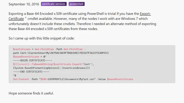 Export a Base-64 x.509 Cert using PowerShell on Windows 7