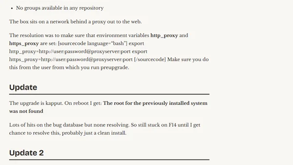 Using preupgrade to upgrade Fedora 14 to Fedora 15 - proxy errors