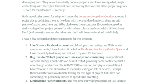 Projects up for adoption: A-Frame Extras and Physics System