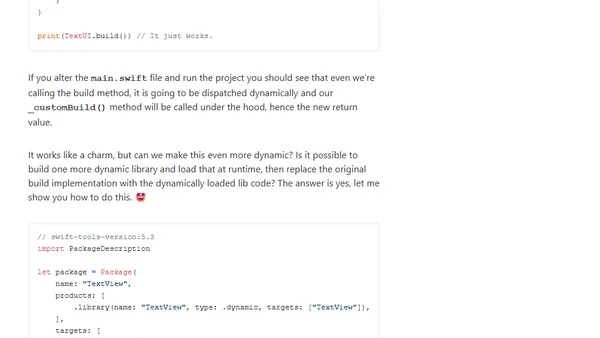 Dynamic libraries and code replacements in Swift