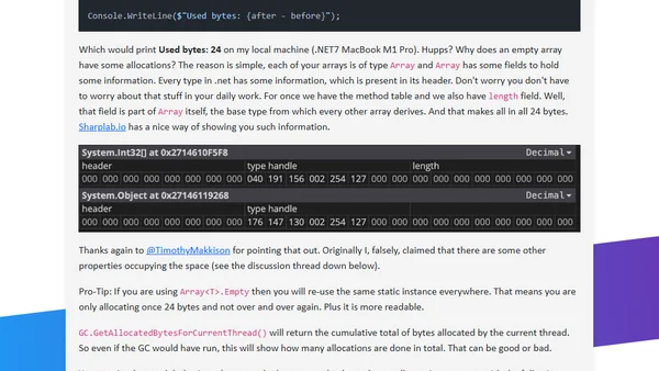 How to get allocations in .NET? And how big is an empty array?