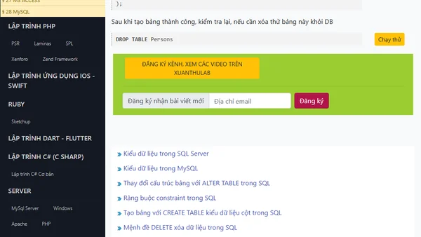Mệnh đề DROP TABLE xóa bảng khỏi DB SQL