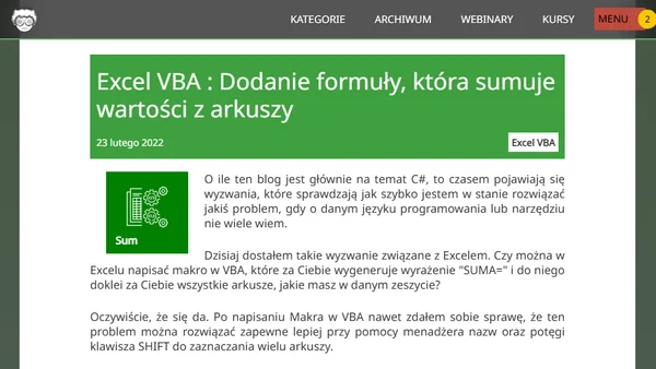 Excel VBA : Dodanie formuły, która sumuje wartości z arkuszy
