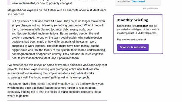 How Generative and Agentic AI Shift Concern from Technical Debt to Cognitive Debt