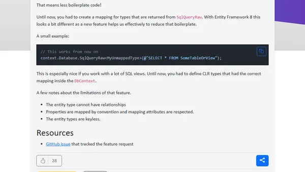 Entity Framework 8: Raw SQL queries on unmapped types