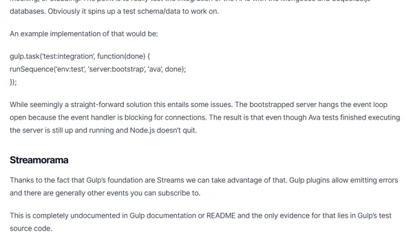 Hidden features of Gulp for integration tests with Ava.js.