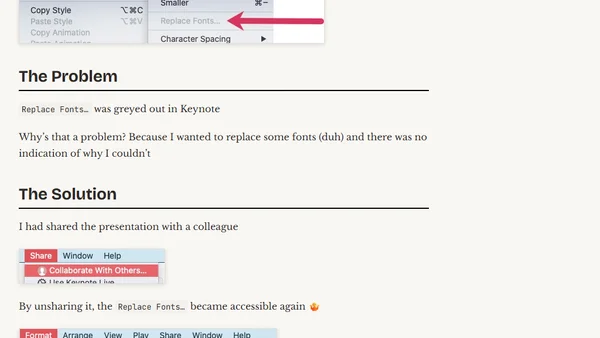 Keynote - Why is Replace Fonts greyed out?