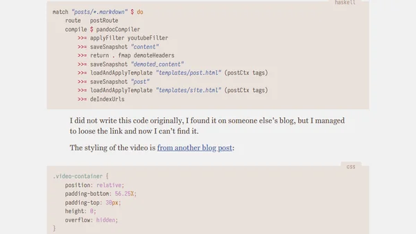 Embedding youtube videos with Hakyll