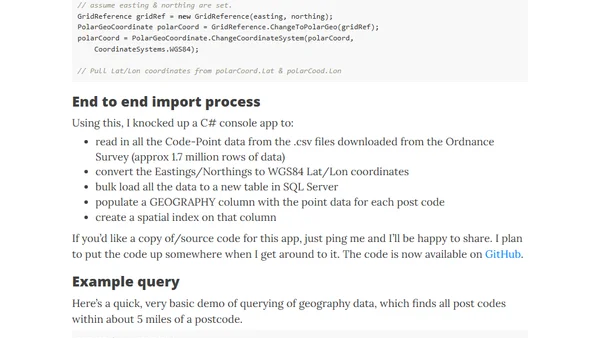 GB Post Code Geographic Data Load to SQL Server using .NET