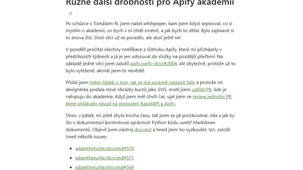 Týdenní poznámky: Kurz scrapování v JavaScriptu a další věci pro Apify akademii