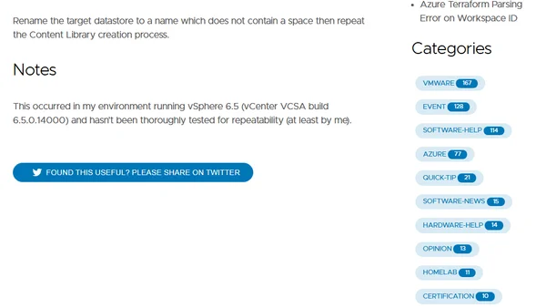 Content Library fails to create when target datastore contains a space