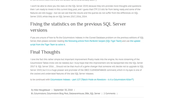 Columnstore Indexes – part 126 (“Extracting Columnstore Statistics to Cloned Database”)