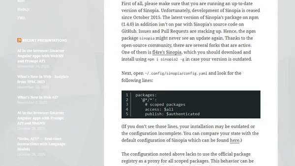 Configure Sinopia npm Repository Server to Cache Scoped Packages