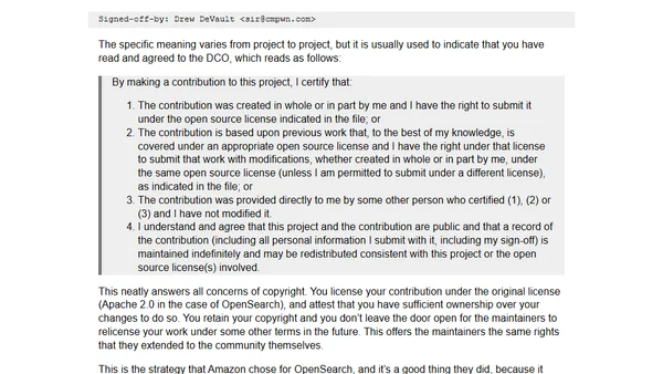 The Developer Certificate of Origin is a great alternative to a CLA