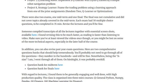 OMSCS CS7646 (Machine Learning for Trading) Review and Tips