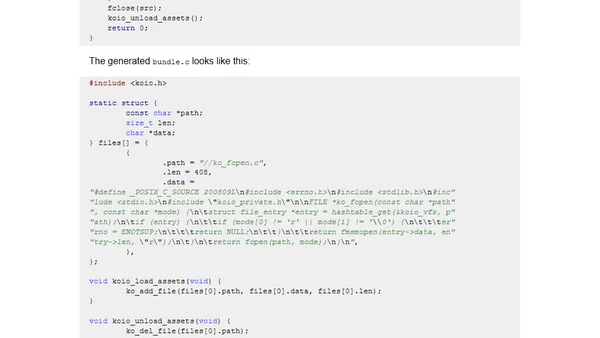 Embedding files in C programs with koio