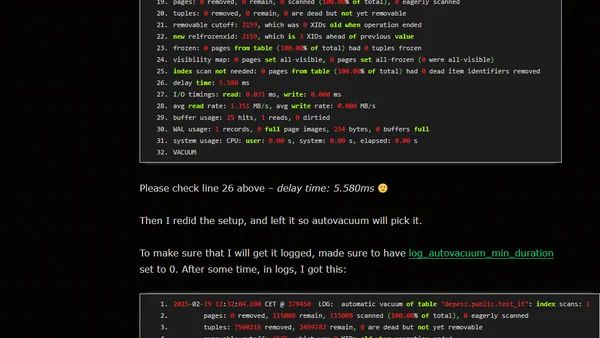 Waiting for PostgreSQL 18 – Add delay time to VACUUM/ANALYZE (VERBOSE) and autovacuum logs.