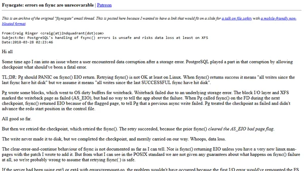 Fsyncgate: errors on fsync are unrecovarable