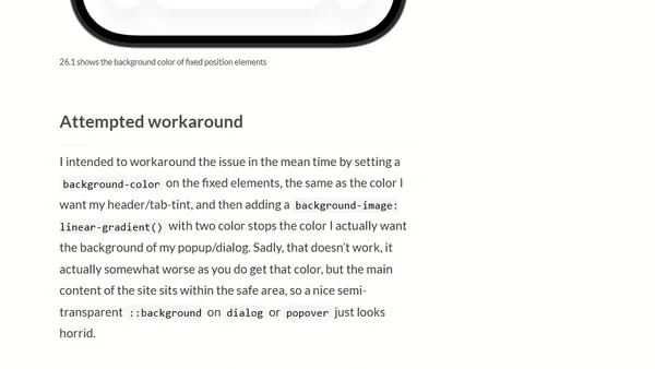 iOS26 Safari theme-color/tab-tinting with fixed position elements is a mess