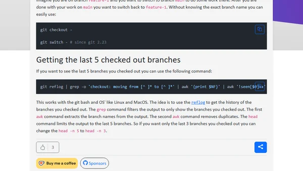 Git Tricks: Get the last checked out branch