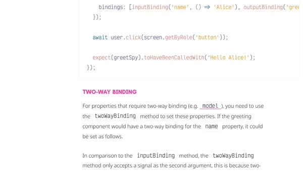 Using the new bindings API to test Angular components with Angular Testing Library