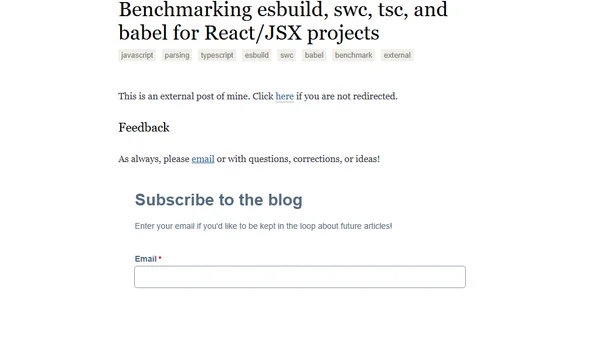 Benchmarking esbuild, swc, tsc, and babel for React/JSX projects