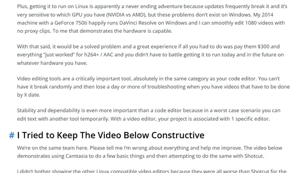 Why Is Video Editing So Bad on Linux Compared to Windows with Camtasia?