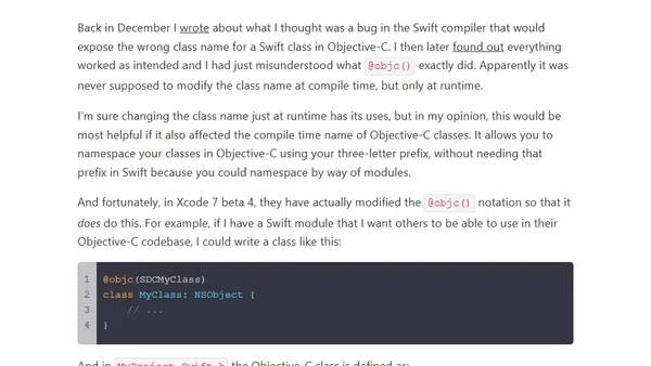 @objc class prefixes fixed in Xcode 7 beta 4