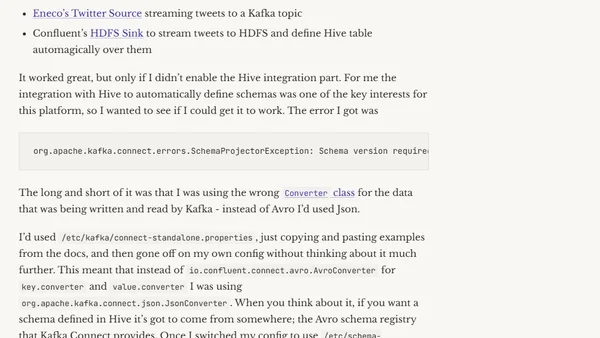 Kafka Connect - HDFS with Hive Integration - SchemaProjectorException - Schema version required