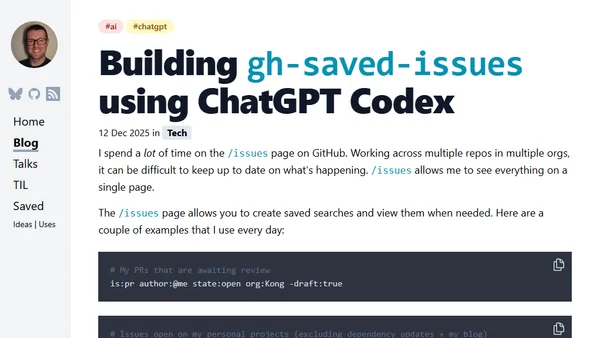 Building `gh-saved-issues` using ChatGPT Codex