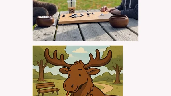 A moose playing Go in a park while drinking boba