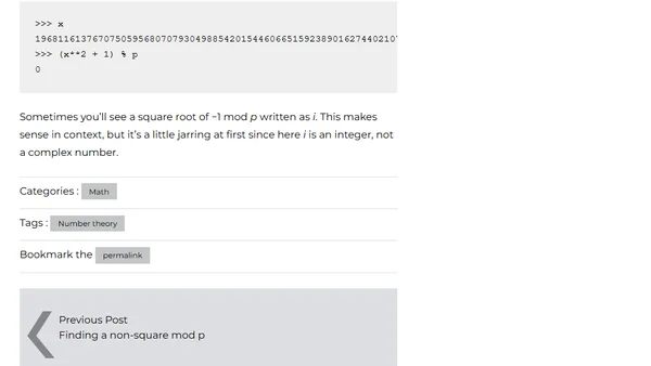 Finding a square root of -1 mod p