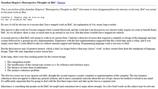 Jonathan Shapiro's Retrospective Thoughts on BitC