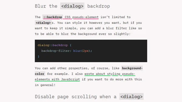 A couple CSS tricks for HTML Dialog elements