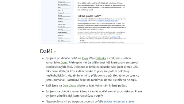 Týdenní poznámky: Nový příběh, oprava scraperů a nový návod