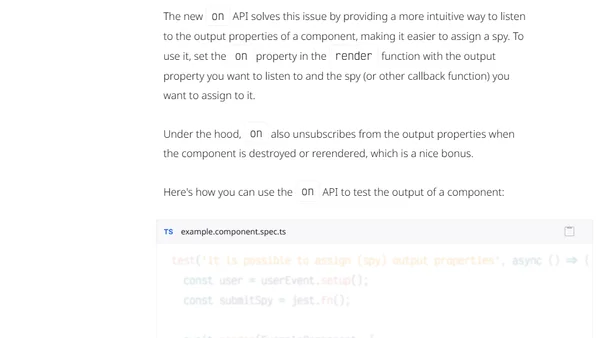 The new on property improves output testing in Angular Testing Library