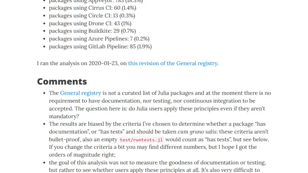 Measuring the prevalence of documentation, testing and continuous integration in Julia packages