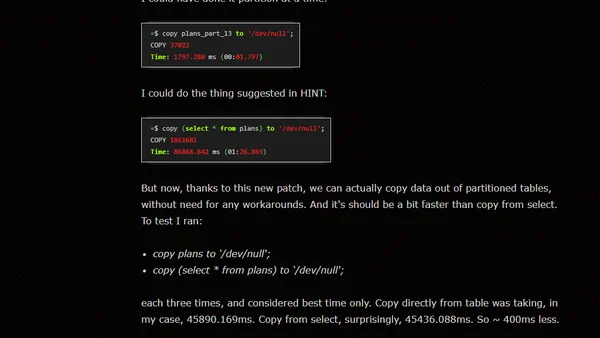 Waiting for PostgreSQL 19 – Support COPY TO for partitioned tables.