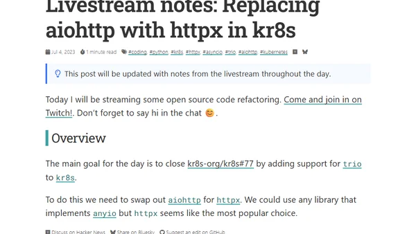 Livestream notes: Replacing aiohttp with httpx in kr8s