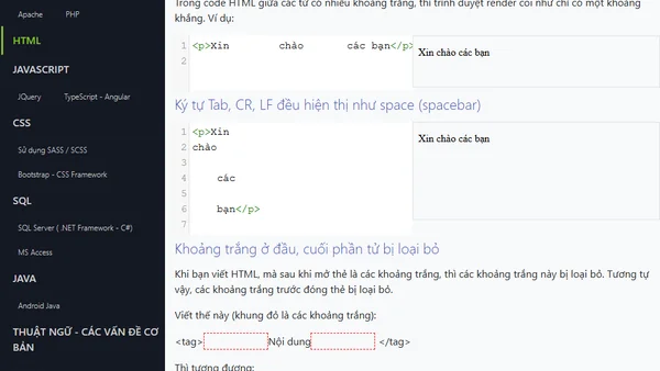 Vấn đề các khoảng trắng whitespace trong HTML