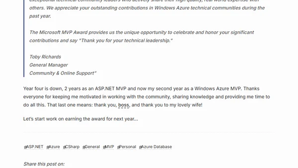 Fourth year as an MVP, second year for Windows Azure