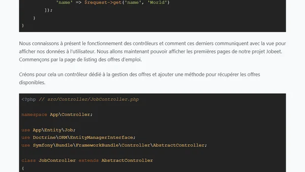 Tutorial Jobeet pour Symfony 4 - Partie 4A: Le contrôleur et la vue