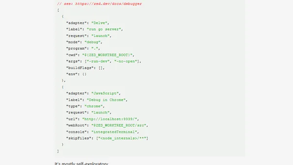 Zed debug setup for go server / Svelte web app