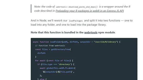 Using my own R functions in webR in an Express JS API, and thoughts on building web apps with Node &amp; webR