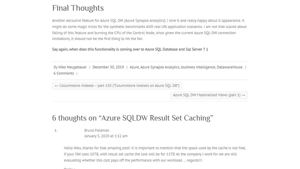 Azure SQLDW Result Set Caching