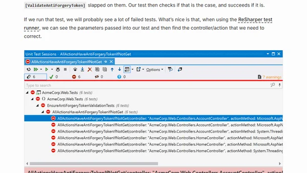 Unit testing for ValidateAntiForgeryToken and clever navigation in the ReSharper/Rider test runner