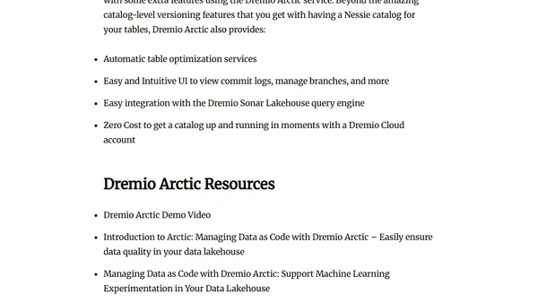 Resources for Learning more about Catalog level versioning with Project Nessie & Dremio Arctic (Rollbacks, Branching, Tagging and Multi-Table Txns)
