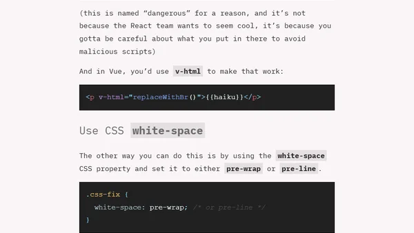 Make line breaks work when you render text in a React or Vue component