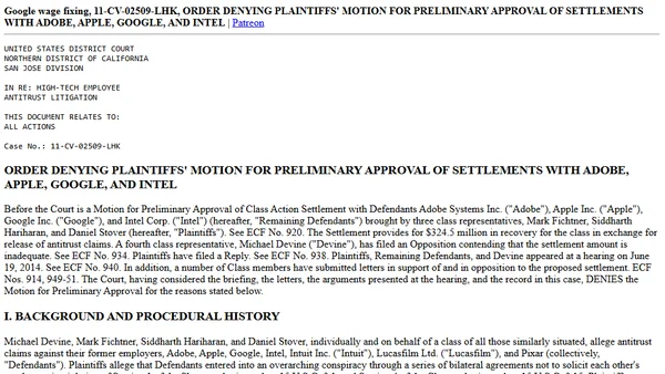 Google wage fixing, 11-CV-02509-LHK, ORDER DENYING PLAINTIFFS' MOTION FOR PRELIMINARY APPROVAL OF SETTLEMENTS WITH ADOBE, APPLE, GOOGLE, AND INTEL