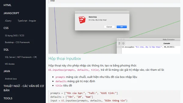 Các hộp thoại Dialog trong Ruby SketchUp